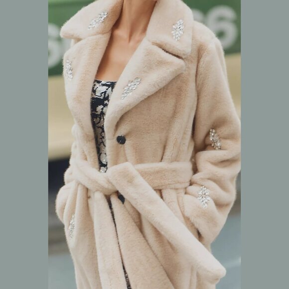 NEW Avec Les Filles Sizes M, L Embellished Faux Fur Belted Long Coat - Natural - Picture 3 of 5